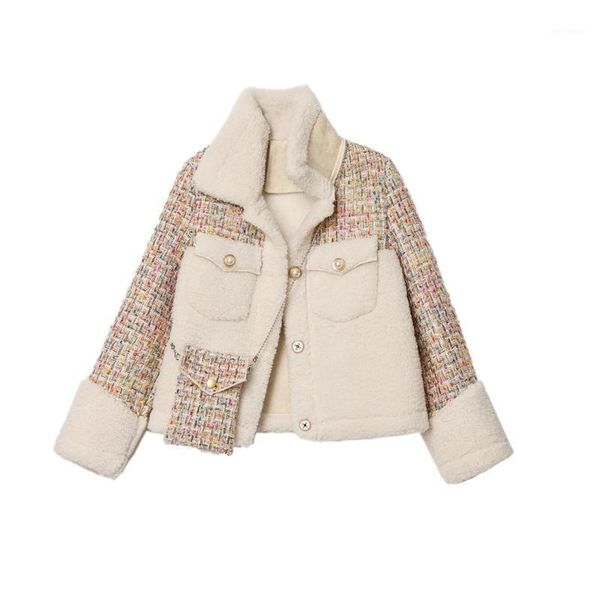 

coat bag set winter lambswool stitching tweed short jacket female new lapel long sleeve women warm coat fashion tide bag1, Black