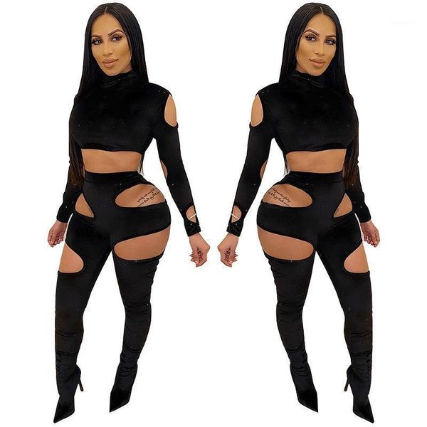 

women two piece set long sleeve crop and pants set women party night hollow out slim bodycon 2 piece club outfits1, Gray