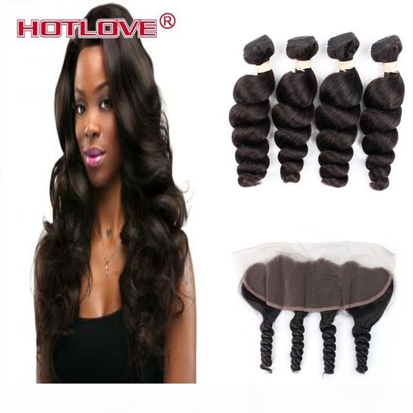 

ear to ear lace frontal closure with 4 bundles loose wave mongolian virgin human hair extensions ove grade 8a good quality natural black, Black;brown