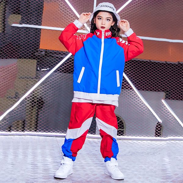 

children hip hop performance dance costume blue suit loose street dance clothing girl ballroom dress kids jazz dance clothes 344, Black;red