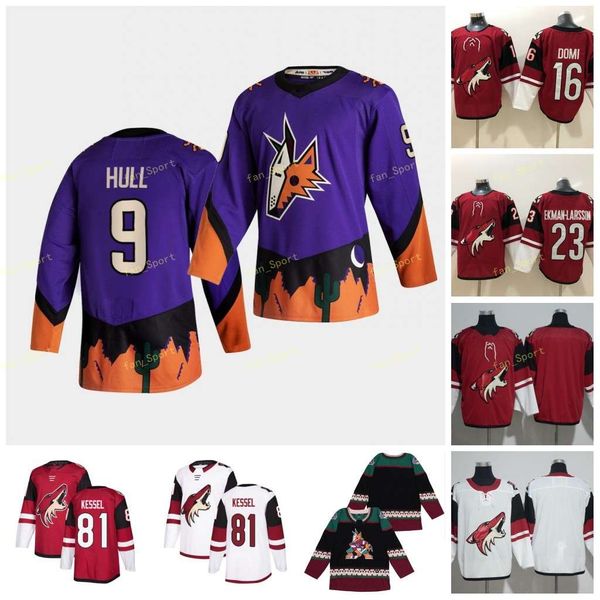 

2021 reverse retro arizona coyotes ice hockey 16 max domi jersey red 23 oliver ekman-larsson 19 shane doan 81 phil kessel hull jerseys, Black;red