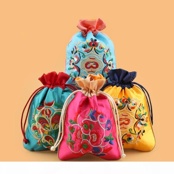 

patchwork embroidery floral small packaging bags for jewelry gift bag chinese ethnic drawstring satin fabric coin purse pouch spice sachet, Pink;blue