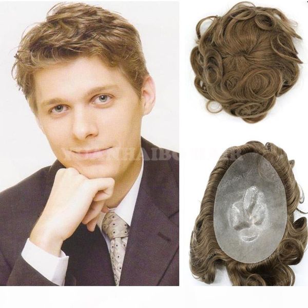 

new fashion 6inch brown color loose wavy virgin malaysian hair full thin skin pu base men toupee ing, Black