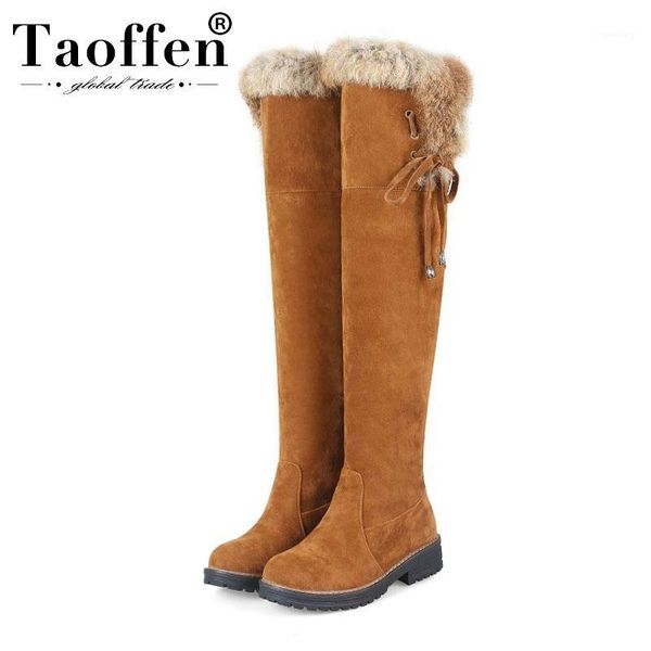 

boots taoffen 2021 woman plush fur warm over knee cross strap winter flats shoes women footwear size 34-441, Black