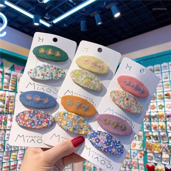 

hair accessories 2 pcs korea fashion sweet girl floral fabric oval bb clip children's simple cute embroidery flower hairpin kids access, Slivery;white