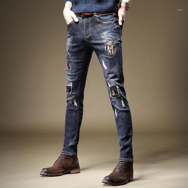 

blue patch ripped jeans men fashion embroidery stretch denim trousers causal streetwear distressed straight pants1