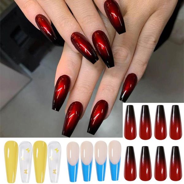 

24pcs fashion detachable false nail art tips full coverage long ballerina coffin fake nail extension diy manicure tools, Red;gold