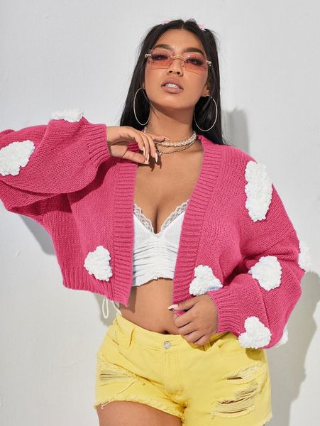 

plus 3d clouds patched drop shoulder crop cardigan d3hu#, Black