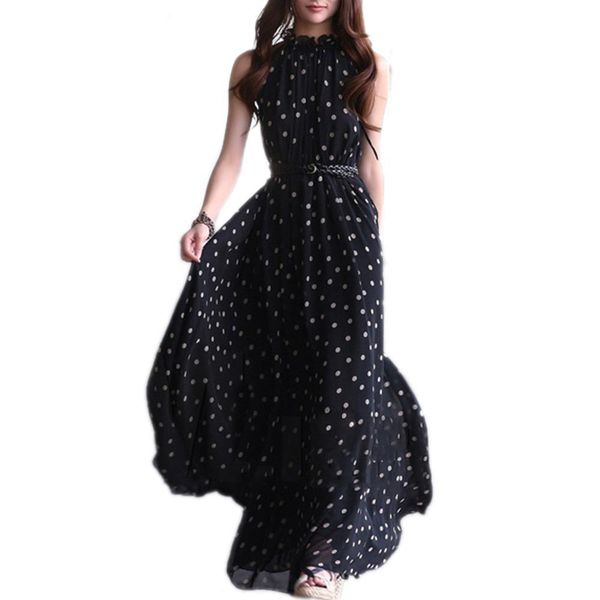 

summer polka dots dress boho long maxi dress empire halter sleeveless casual dresses plus size beach long dress vestidos, Black;gray