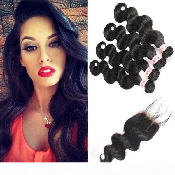 

siyusi hair products brazilian virgin hair with closure body wave human hair weave bundles with closure 3 4 bundles with lace closure, Black;brown