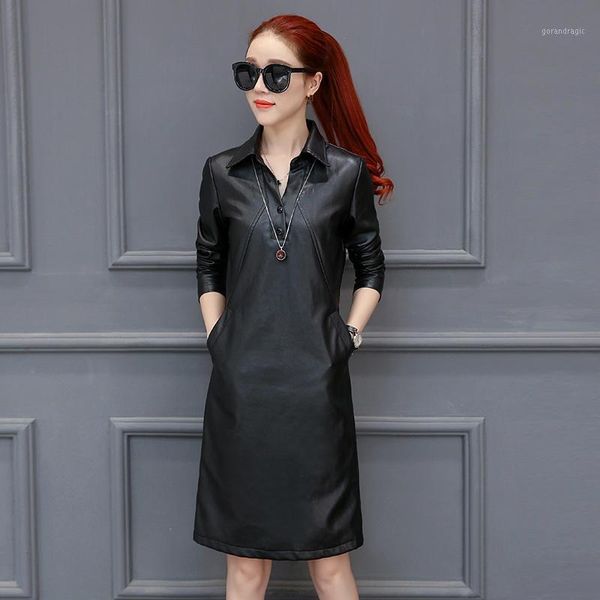 

pu leather dress women slim v-neck long sleeve autumn dress plus size 3xl black leather party dresses women shirt c59551, Black;gray