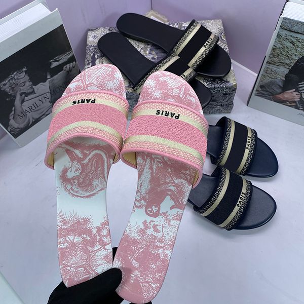 

paris embroidered dazzle dway slipper women ladies slippers designer scuffs summer beach striped causal flip flops flat slide slippers sanda, Black