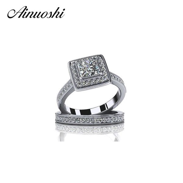 

ainuoshi luxury solid 925 sterling silver bridal wedding rings sets princess cut zircon 2pcs halo women ring sets y200106, Slivery;golden