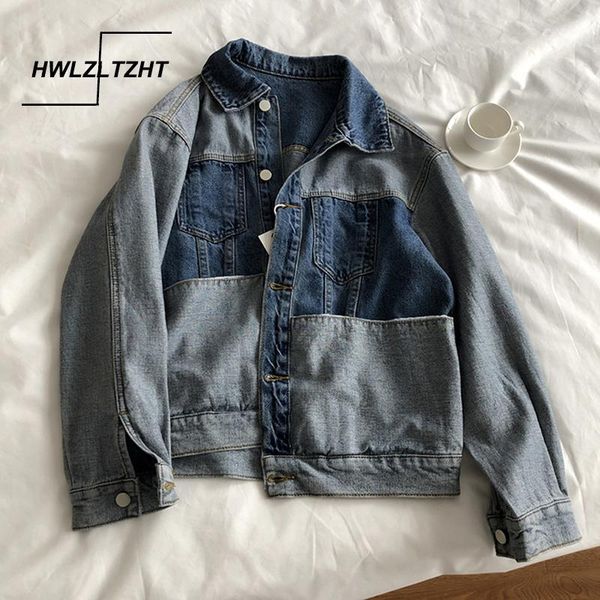 

hwlzltzht patchwork lady denim jacket vintage jeans coat boyfriend style harajuku streetwear cotton fashion jacket1, Black;brown