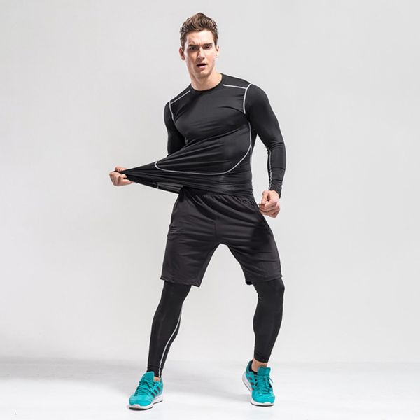 

black sleeve men's long sports fitness 3-piece basketball bodysuit, Gray