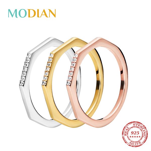 

modian 3 color new design 925 sterling silver stylish stackable finger ring unique rings for women fashion original jewelry gift, Golden;silver