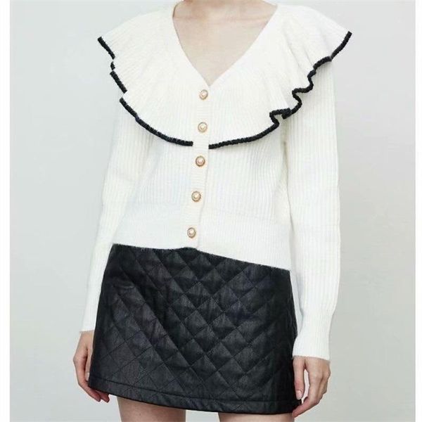 

traf women 2020 fashion button ruffle short knit sweater retro long sleeve jacket streetwear, White;black