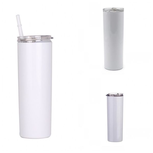 

stainless steel water cup 20oz 600ml plastic straw tumbler traight skinny sublimation blank mug white drinking double walled g2