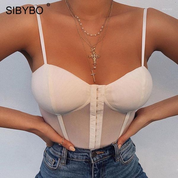 

sibybo transparent mesh skinny bodysuit women spaghetti strap v-neck summer women rompers black backless beach bodysuit, Black;white