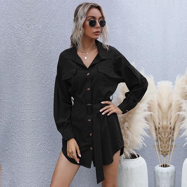 

women loose shirt dresses casual tunic shirt v-neck spring button elagant office lady shirts dress with belt vestidos blouse, White