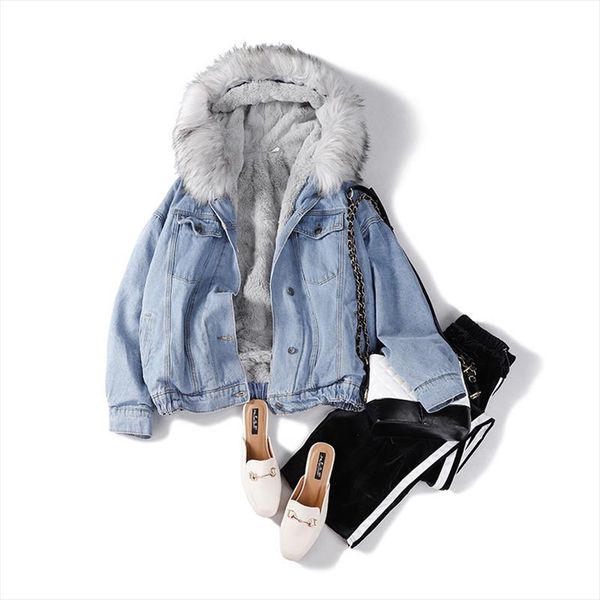 

winter loose imitation rabbits hair denim jacket women beharajuku chaqueta mujer veste femme streetwear thickened clothes, Black;brown