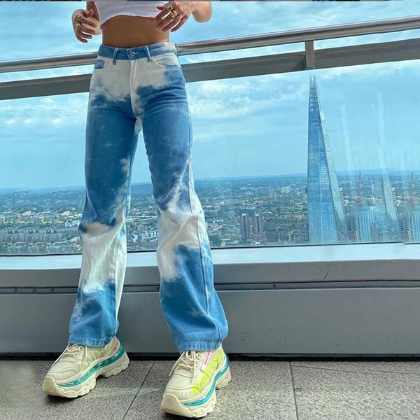 

women's jeans harajuku tie dye print casual pants capris women autumn high waist trousers skinny pockets ladies denim wide leg, Blue