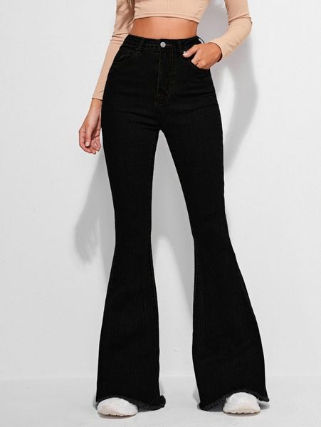 

high waist contrast stitch flare leg jeans b6cx#, Blue