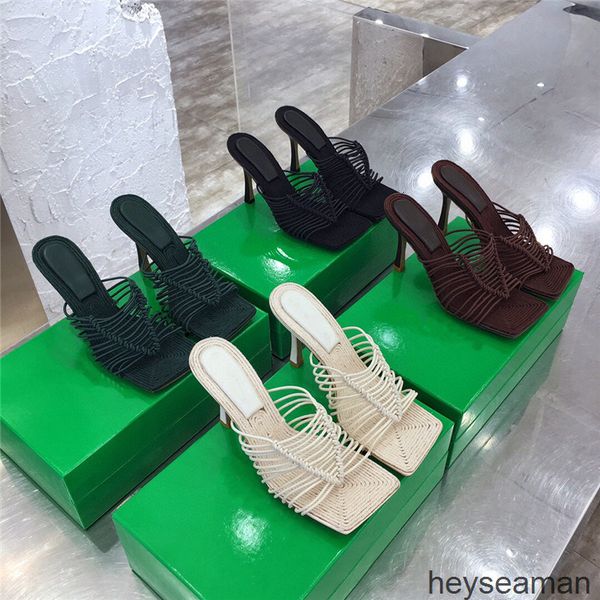 

slippers women's shoes hemp rope woven square head thin heel high-heeled slippers fashion casual lkvu, Black