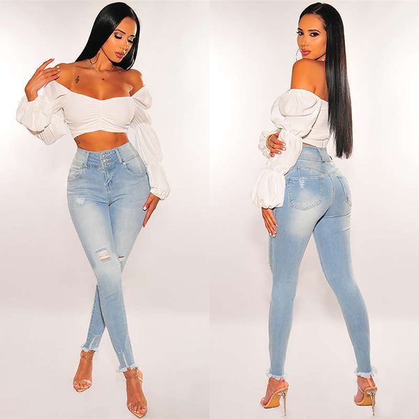 

2020 women's fashion high waisted and perforated jeans slim straight pants, Blue