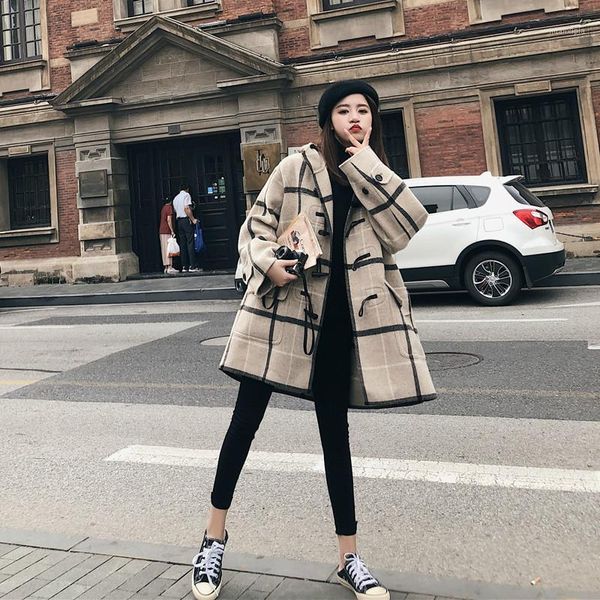 

2020 winter fashion new plaid woolen jacket women loose casual long single-breasted wool blend women's coat1, Black