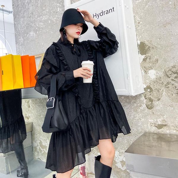 

johnature new fashion ruffles mesh a-line dresses women 2020 spring streetwear solid color bow collar loose female dress1, Black;gray