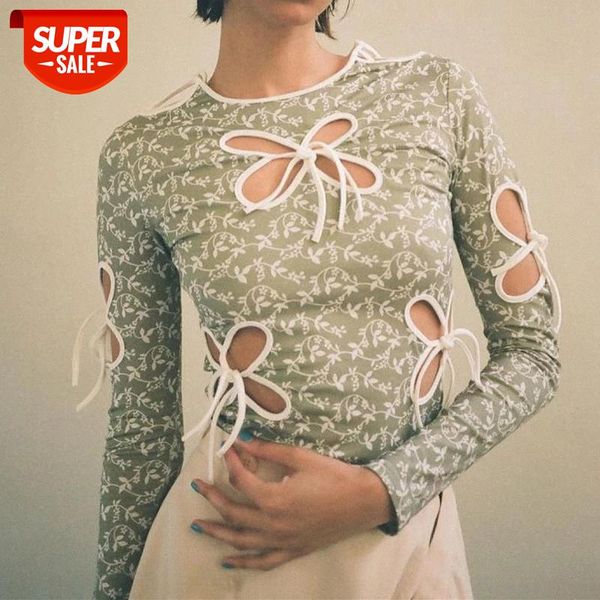 

vintage butterfly hollow out bandage long sleeve t-shirts streetwear 90s print o-neck green y2k fashion outfits #1f4m, White