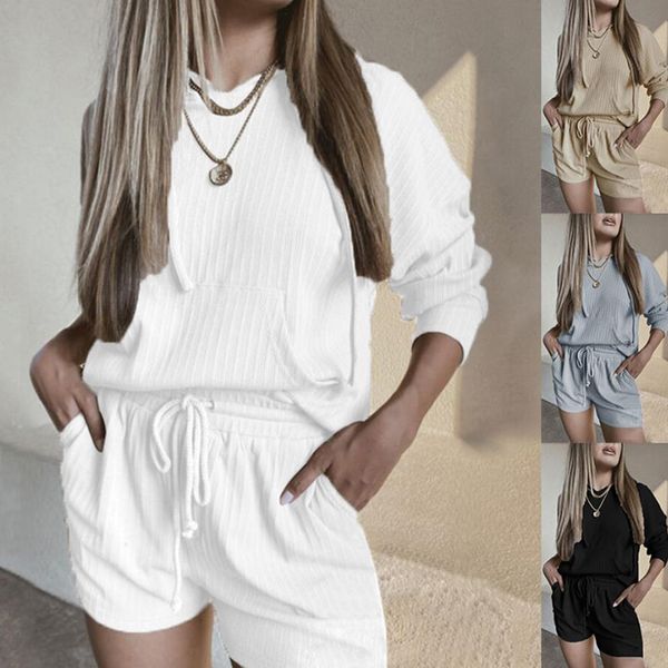 

главная наборы верхней одежды женщины удобная одежда установите длинные рукава топы с капюшоном + шорты весна лето сплошная повседневная нос, Gray