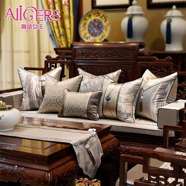 Avígers de luxo moderno estilo chinês patchwork lance caso travesseiro cobre coxim cinza castanho tampas de coxim com borlas 45 x 45 50 x 50cm 210201