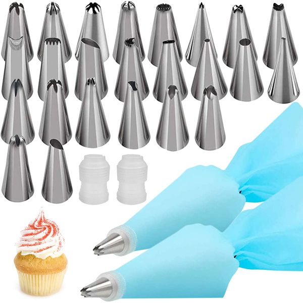 Dicas de bagagem de pastelaria de silicone Dicas de cozinha DIY creme de tubulação reutilizável bolsa de gelo e dicas Ferramentas de decoração de bolo 26 pcs / set