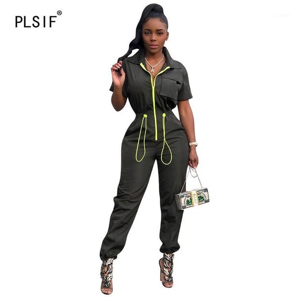 

summer new style short sleeve safari style jumpsuits women high waist long pants casual rompers sports jumpsuits1, Black;white