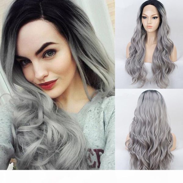 

ombre grey long wavy wig synthetic lace front wig silver black roots to grey wigs for women middle part heat resistant fiber soft