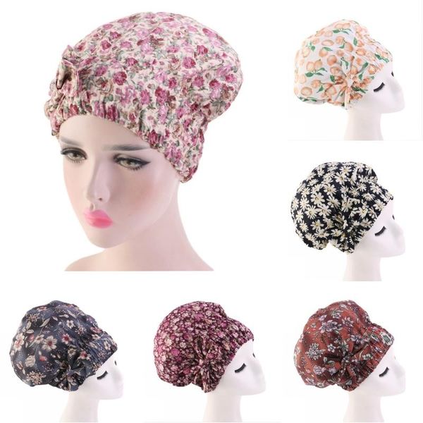 

beanie/skull caps casual ladies' home hats headwear loose nightcaps multicolor floral print sleeping fresh sweet bow decoration, Blue;gray