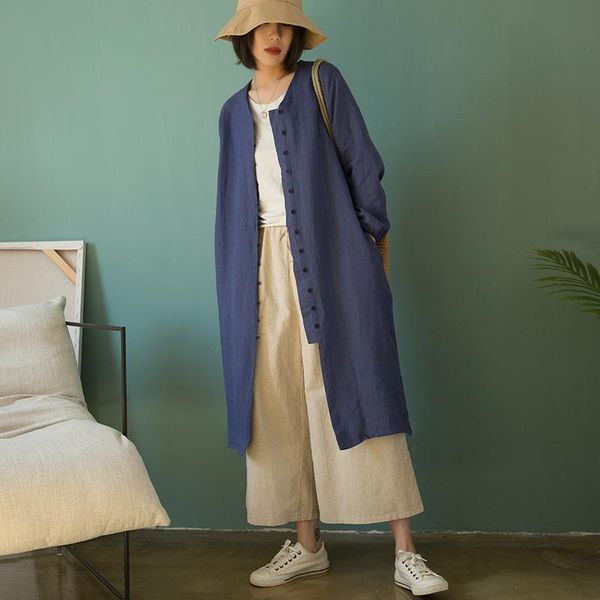 

women's trench coats johnature 2021 ramie loose vintage simple coat for women summer solid color sunscreen long, Tan;black