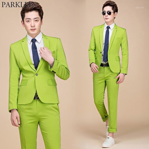 

men's colorful one button 2 pieces suits (jacket+pants) 2020 spring new wedding party slim fit suit male terno masculino green1, White;black