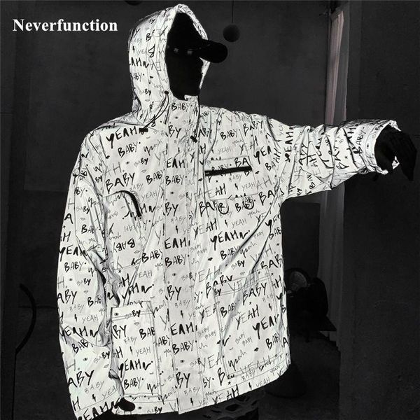 

men night reflective letter printed hooded windbreaker jacket male fashion streetwear loose casual hip hop hoodie baseball coats, Black;brown