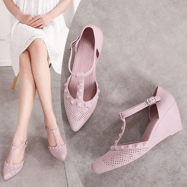 

women t strap pointed toe wedge pumps buckle jelly shoes ladies hollow out sandals fashion female casual shoes autumn new, Black