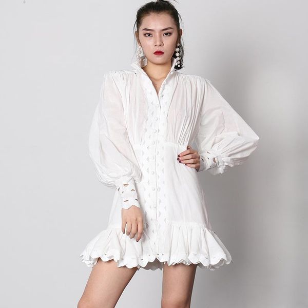 

msxu 2021 european and american women's new stand-up collar lantern sleeve hollow waist dress ruffle stitching short dress women, Black;gray