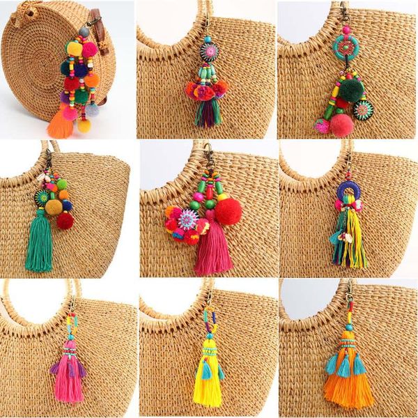 

keychains bohemian colorful wool ball wooden beads key chain diy ethnic style tassel pompon women charm car accessories gift, Silver