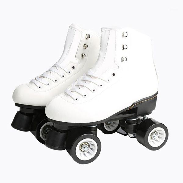 

inline & roller skates white artificial leather double line women and men two skate shoes flashing pu 4 wheels patines1