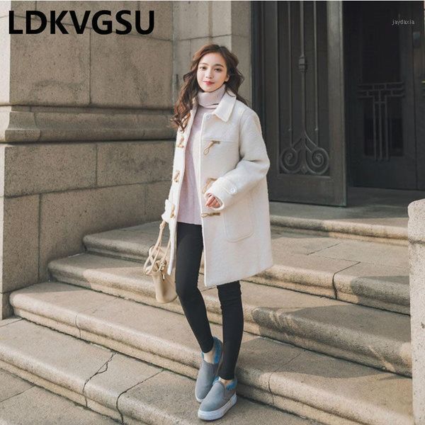

2020 new white thick winter women woolen cloth coat loose horn button female outercoat fashion lapel wool coat is9501, Black