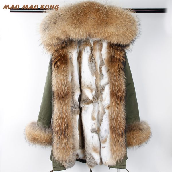 

new winter woman coat parkas jacket large raccoon fur collar hooded detachable rex rabbit fur lining brand style brand 201207, Black