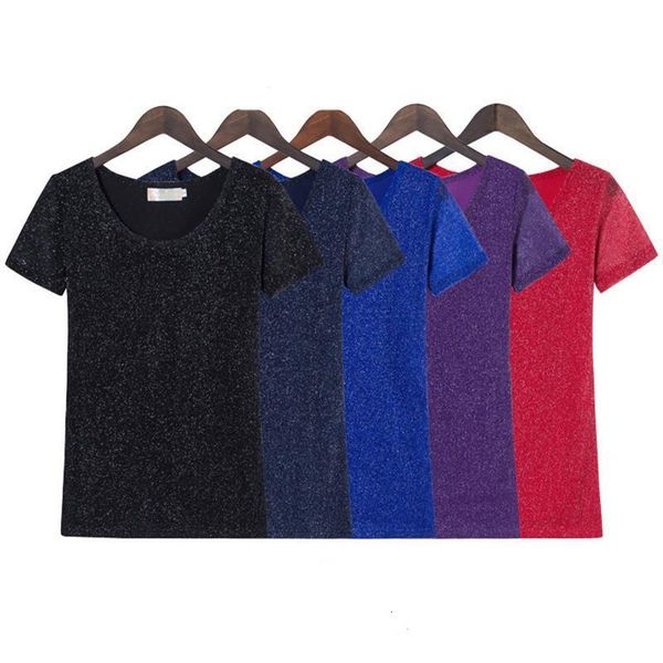 

shiny lurex velour t shirts women 2019 summer slim o-neck short sleeve t shirt woman solid tees harajuku mesh top, White
