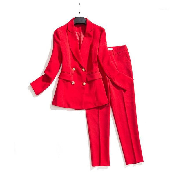 

women's red office pants suits casual high-quality double-row ladies blazer slim trousers professional small suit jacket 20201, White;black