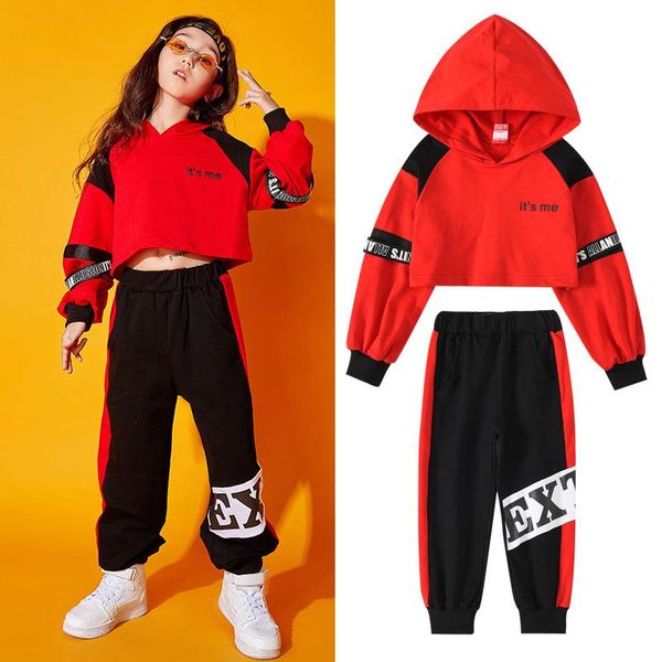 

stage wear children's ropa hip hop dance costume model show clothing girls' jazz street hoodies hiphop clothes kids, Black;red